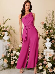 SHEIN Belle Áo liền quần nữ Thắt lưng Xù Dây kéo màu trơn Thanh lịch - Màu Hồng Tươi - Xem 5