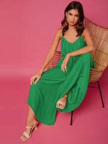 Asymmetrical Hem Belted Wide Leg Cami Jumpsuit - Green - View 3
