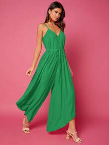 Asymmetrical Hem Belted Wide Leg Cami Jumpsuit - Green - View 5