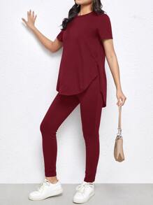 SHEIN Maternity Split Curved Hem Solid Top & Leggings Set - Rose Red - View 1