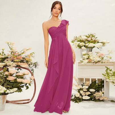 One Shoulder Ruffle Trim Bridesmaid Dress