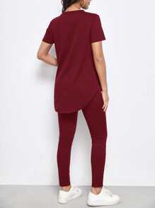 SHEIN Maternity Split Curved Hem Solid Top & Leggings Set - Rose Red - View 2