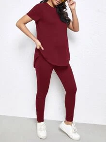 SHEIN Maternity Split Curved Hem Solid Top & Leggings Set - Rose Red - View 3