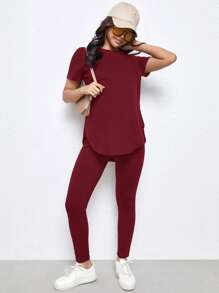SHEIN Maternity Split Curved Hem Solid Top & Leggings Set - Rose Red - View 4