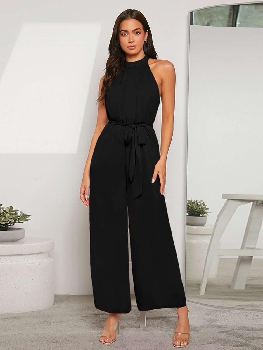SHEIN Privé Solid Cut Out Back Belted Halter Jumpsuit - Black - View 1
