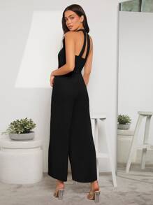 SHEIN Privé Solid Cut Out Back Belted Halter Jumpsuit - Black - View 2