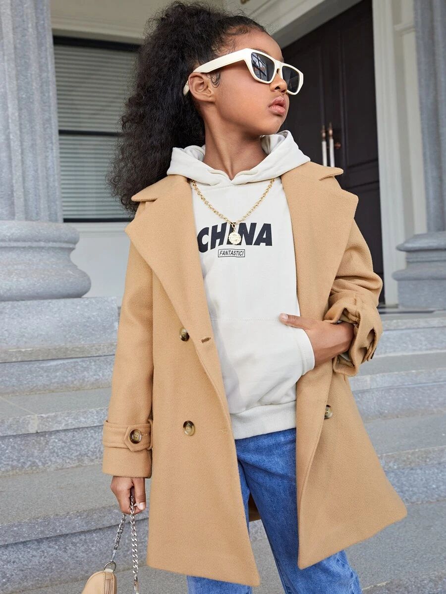 SHEIN Tween Girl Lapel Neck Raglan Sleeve Double Breasted Overcoat - Khaki - View 1