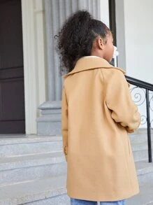 SHEIN Tween Girl Lapel Neck Raglan Sleeve Double Breasted Overcoat - Khaki - View 2