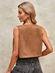 SHEIN VCAY Áo khoác vest Thêu hoa Mở Mặt trước - màu nâu - Xem 2