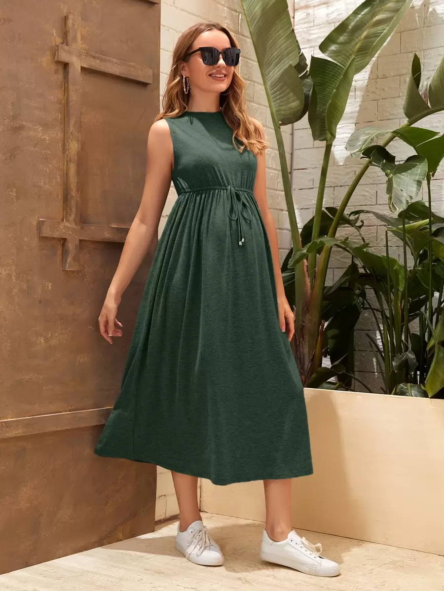 SHEIN Maternity Knot Waist Solid Dress - Dark Green - View 1