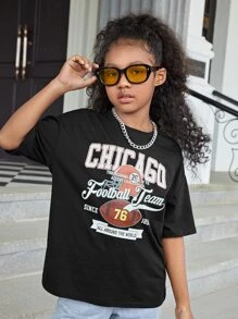 SHEIN Girls Letter Graphic Drop Shoulder Tee - Black - View 2