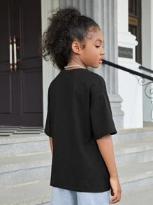 SHEIN Girls Letter Graphic Drop Shoulder Tee - Black - View 3