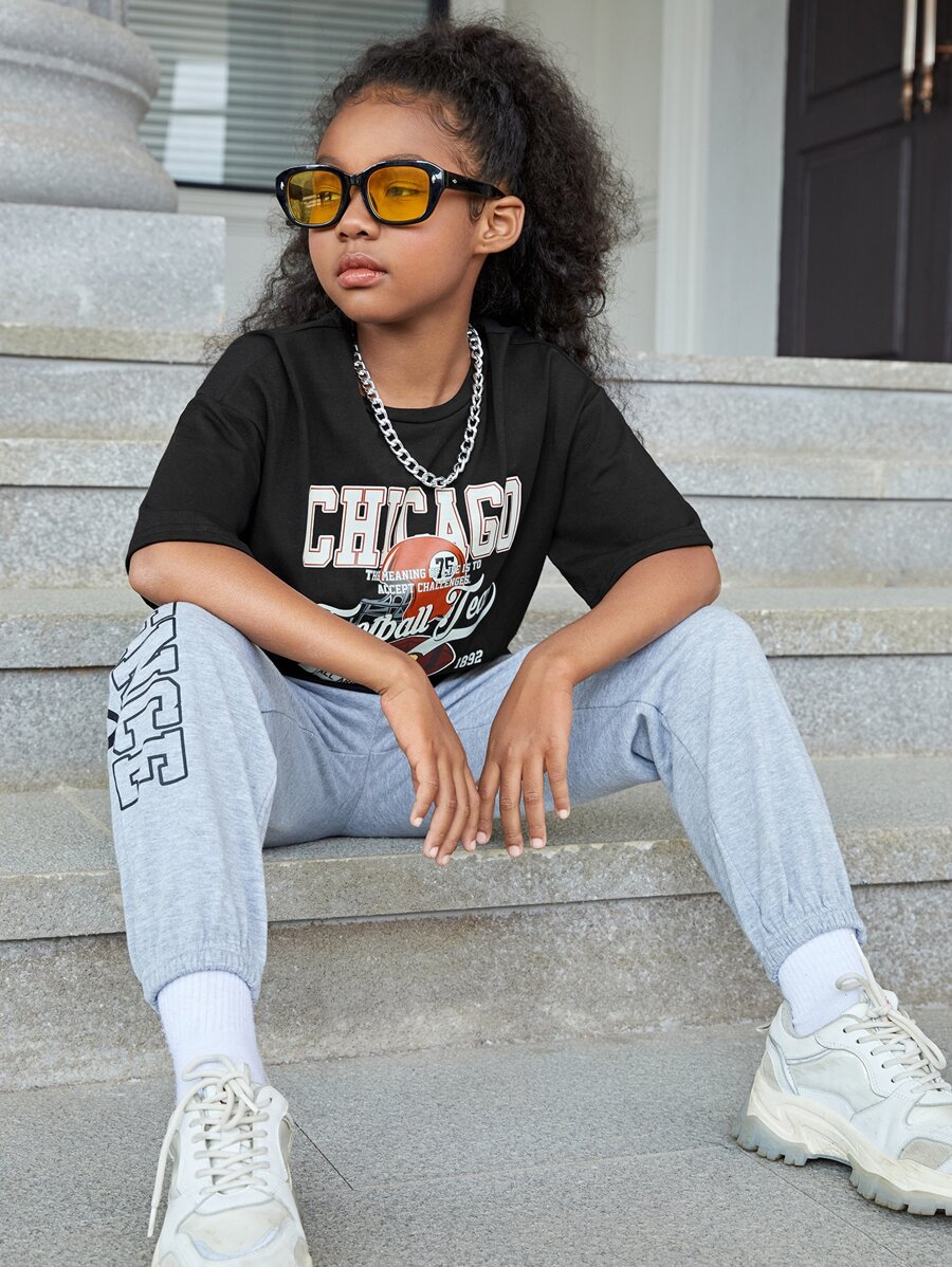 SHEIN Girls Letter Graphic Drop Shoulder Tee - Black - View 1