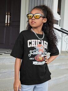 SHEIN Girls Letter Graphic Drop Shoulder Tee - Black - View 4