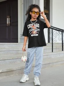 SHEIN Girls Letter Graphic Drop Shoulder Tee - Black - View 6