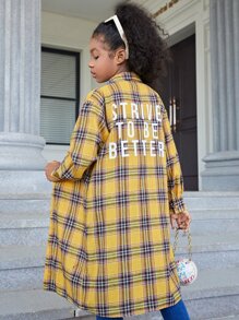 SHEIN Tween Girl Tartan & Slogan Graphic Drop Shoulder Shirt - Multicolor - View 1