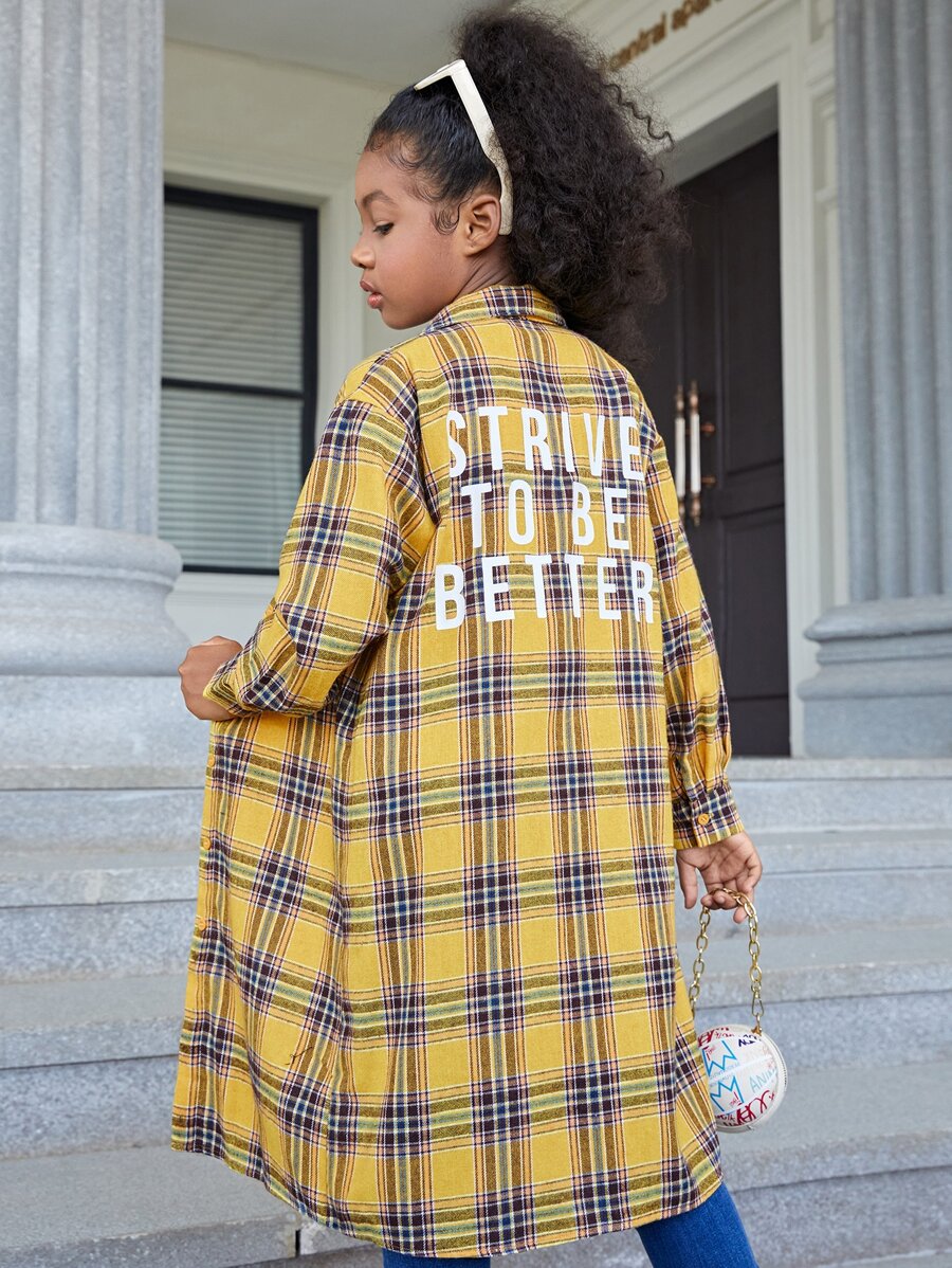SHEIN Tween Girl Tartan & Slogan Graphic Drop Shoulder Shirt - Multicolor - View 1