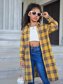 SHEIN Tween Girl Tartan & Slogan Graphic Drop Shoulder Shirt - Multicolor - View 2