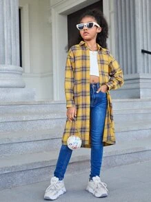 SHEIN Tween Girl Tartan & Slogan Graphic Drop Shoulder Shirt - Multicolor - View 3