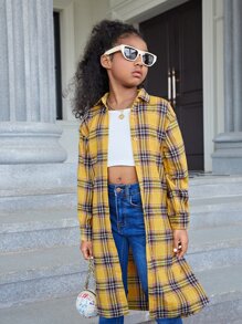 SHEIN Tween Girl Tartan & Slogan Graphic Drop Shoulder Shirt - Multicolor - View 5