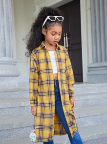 SHEIN Tween Girl Tartan & Slogan Graphic Drop Shoulder Shirt - Multicolor - View 6