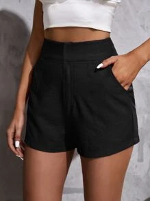 SHEIN Essnce 高腰斜口袋短褲 - 黑色 - 查看 5