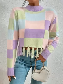 Colour Block Mock Neck Tassel Hem Jumper - Multicolor - View 1