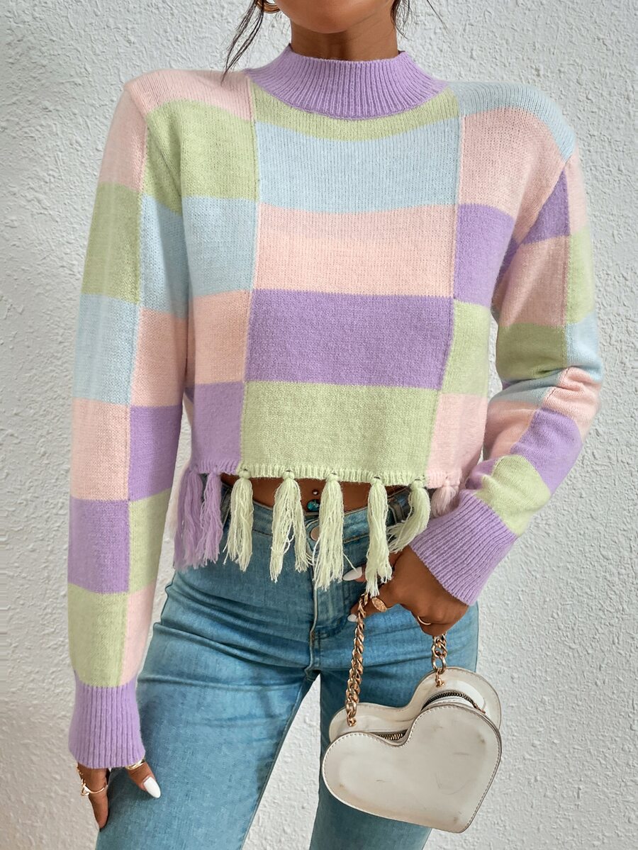 Colour Block Mock Neck Tassel Hem Jumper - Multicolor - View 1