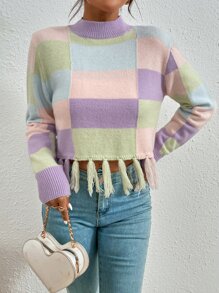 Colour Block Mock Neck Tassel Hem Jumper - Multicolor - View 3