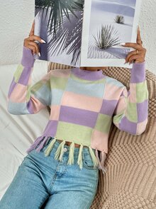 Colour Block Mock Neck Tassel Hem Jumper - Multicolor - View 5