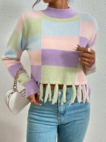 Colour Block Mock Neck Tassel Hem Jumper - Multicolor - View 6