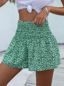SHEIN VCAY Ditsy Floral Shirred Wide Leg Shorts - Green - View 1