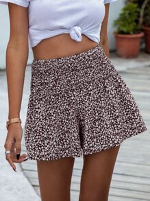 SHEIN VCAY Ditsy Floral Shirred Wide Leg Shorts - Brown - View 4