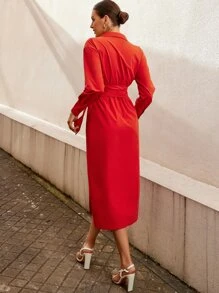 Solid Belted Shirt Dress - Red - View 2