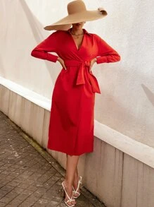 Solid Belted Shirt Dress - Red - View 3