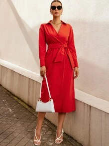Solid Belted Shirt Dress - Red - View 6