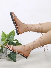 Women Rhinestone Decor Tie Leg Design Strappy Sandals, Fashionable Outdoor Lace Up Flat Sandals - Baby Pink - View 3