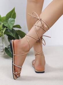 Women Rhinestone Decor Tie Leg Design Strappy Sandals, Fashionable Outdoor Lace Up Flat Sandals - Baby Pink - View 5