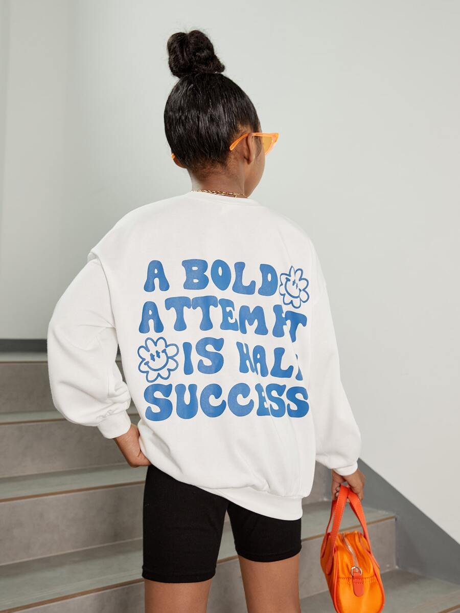 SHEIN Áo nỉ Gái Hoạt hình Slogan Giải trí - trắng - Xem 1