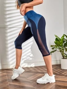 Yoga Basic Marled Dài Giữa Bắp Chân Quần Legging Tập Yoga Tương Phản Lưới Thắt Lưng Rộng Quần Legging Thể Thao - Màu xanh hải quân - Xem 1