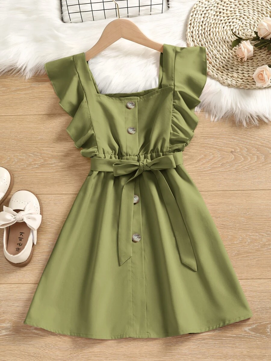 Niñas Vestido con cinturón ribete con fruncido - Verde militar - Ver 1