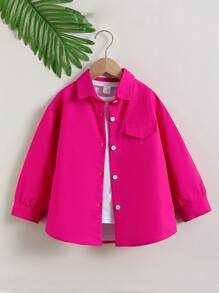 SHEIN Áo sơ mi bé gái Nút phía trước màu trơn Giải trí - Màu Hồng Tươi - Xem 1