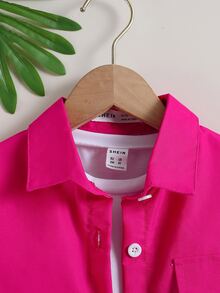 SHEIN Áo sơ mi bé gái Nút phía trước màu trơn Giải trí - Màu Hồng Tươi - Xem 4