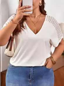SHEIN Frenchy Plus Contrast Lace Batwing Sleeves Tee - White - View 1