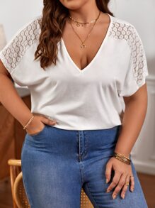 SHEIN Frenchy Plus Contrast Lace Batwing Sleeves Tee - White - View 5