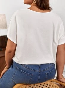 SHEIN Frenchy Plus Contrast Lace Batwing Sleeves Tee - White - View 6