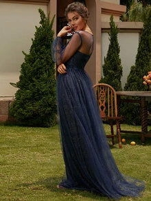 Missord Vestido maxi con diamante de imitación de malla - Azul Marino - Ver 2