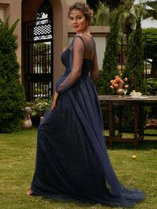 Missord Vestido maxi con diamante de imitación de malla - Azul Marino - Ver 3