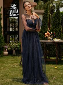 Missord Vestido maxi con diamante de imitación de malla - Azul Marino - Ver 7