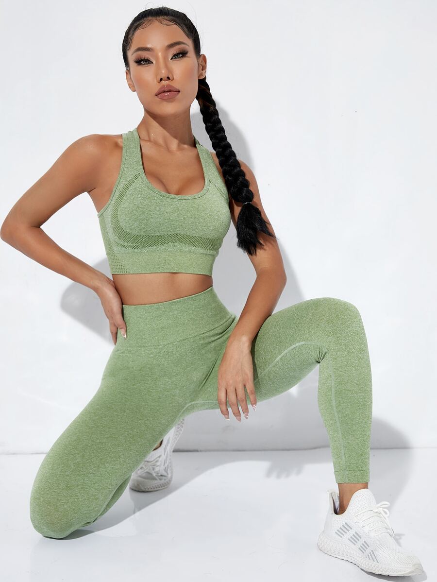 Yoga Basic Solid Wideband Waist Sports Set - Lime Green - View 1